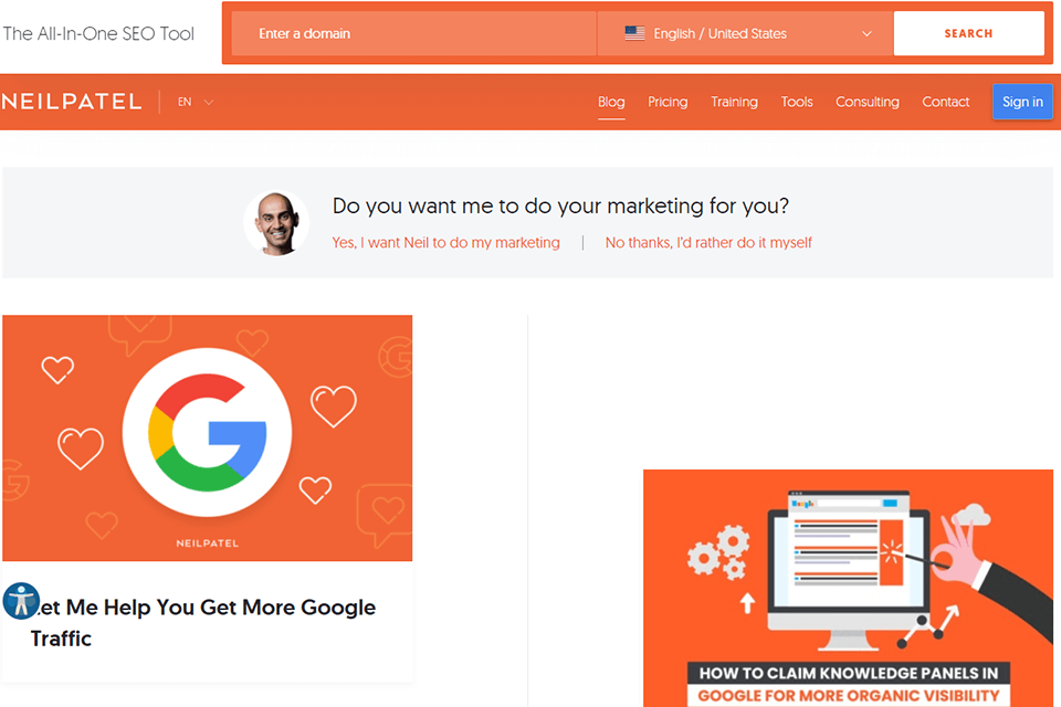 neil patel dijital pazarlama blog arayüzü