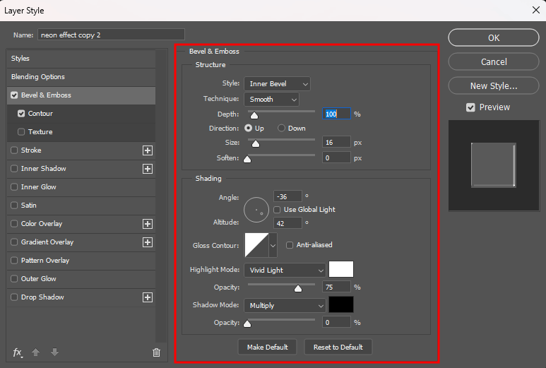 neon effect in photoshop bevel emboss settings