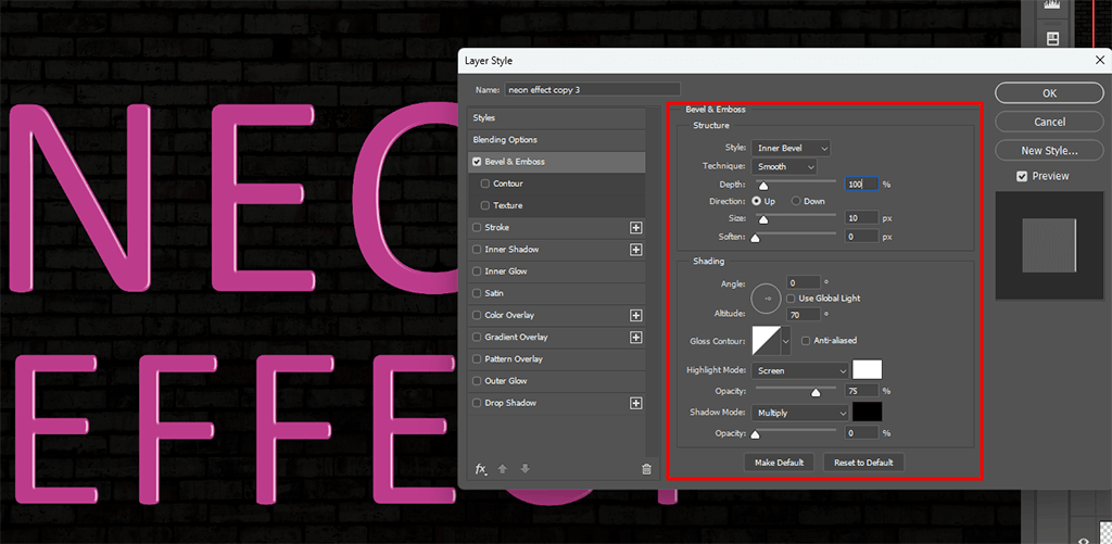 neon effect in photoshop bevel emboss