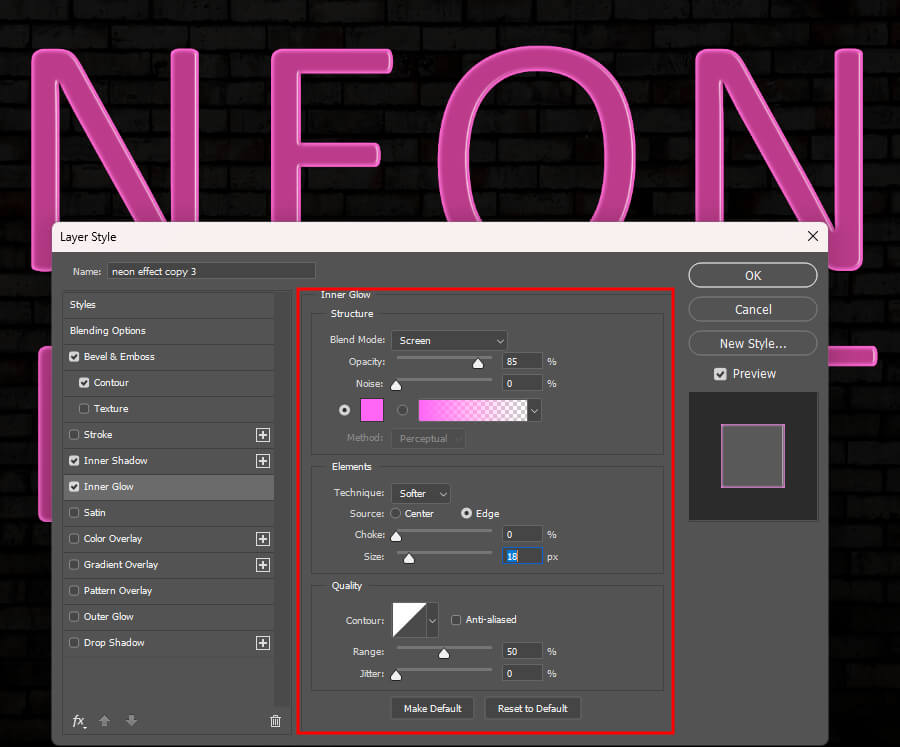 neon effect in photoshop inner glow