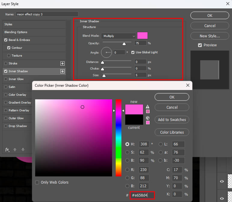 neon effect in photoshop inner shadow picker