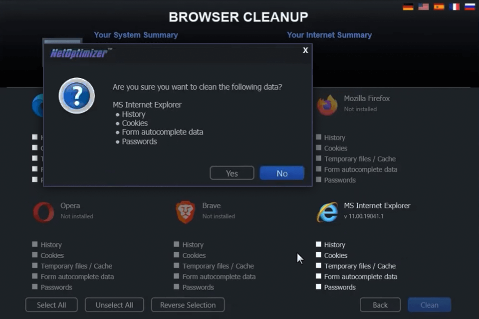 netoptimizer interface browser cleanup