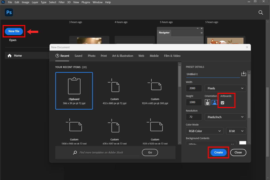 new document in photoshop to create artboards