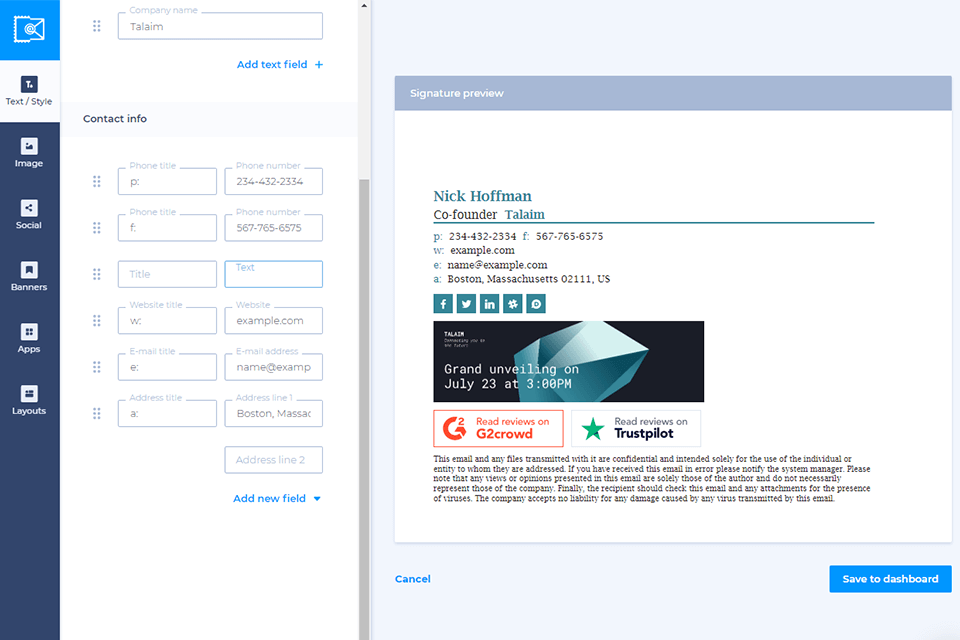 newoldstamp email signature generator interface