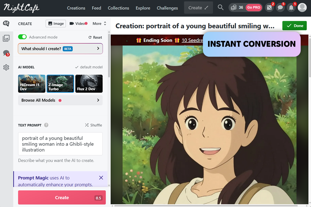 nightcafe ghibli ai generator interface