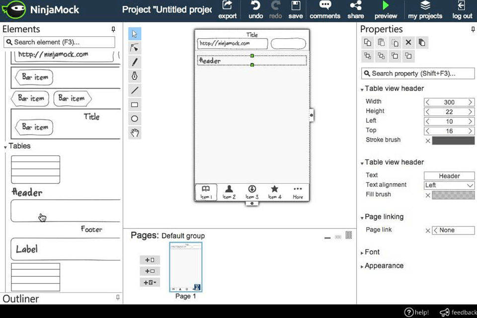 ninjamock free wireframe tool interface