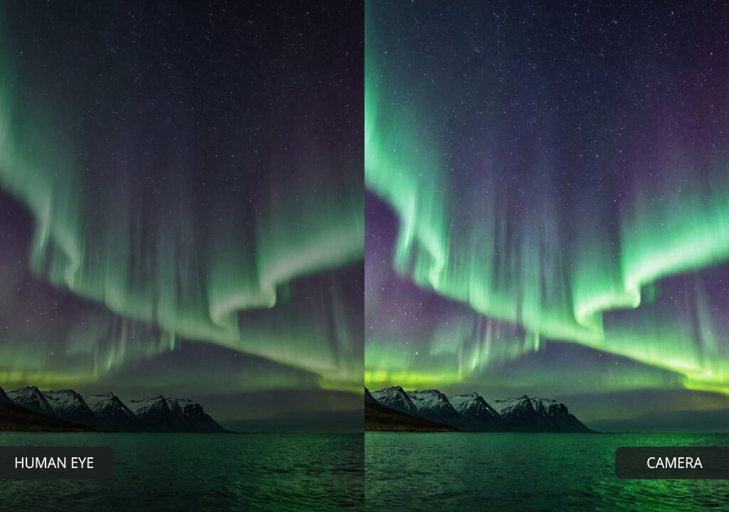 northern lights human eye vs camera