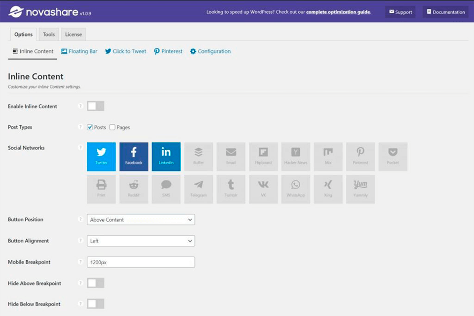 novashare wordpress social media plugin interface