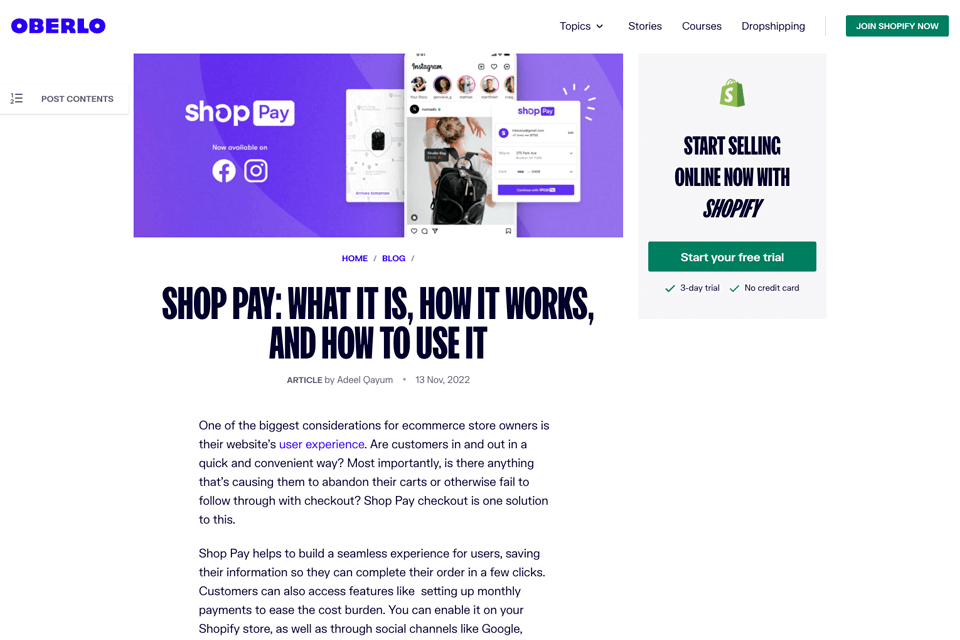 oberlo ecommerce blog interface