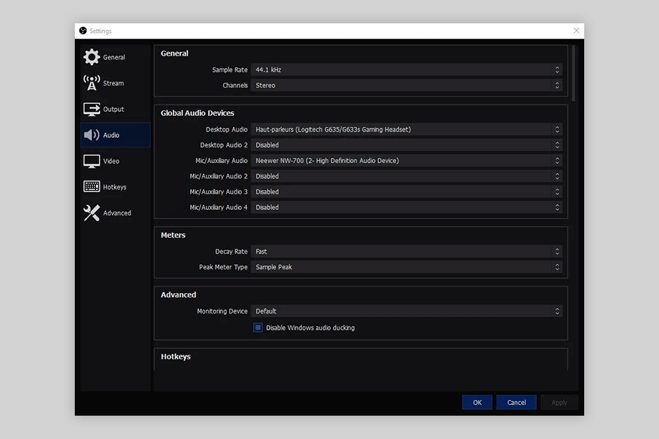 obs audio ducking software interface