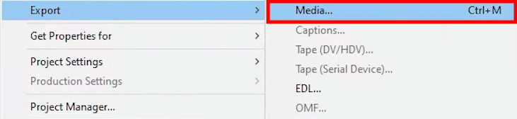 open the export menu to export video from premiere pro