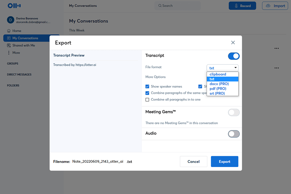 otter youtube to text converter interface