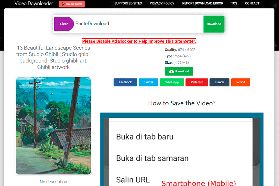 pastedownload pinterest video downloader interface