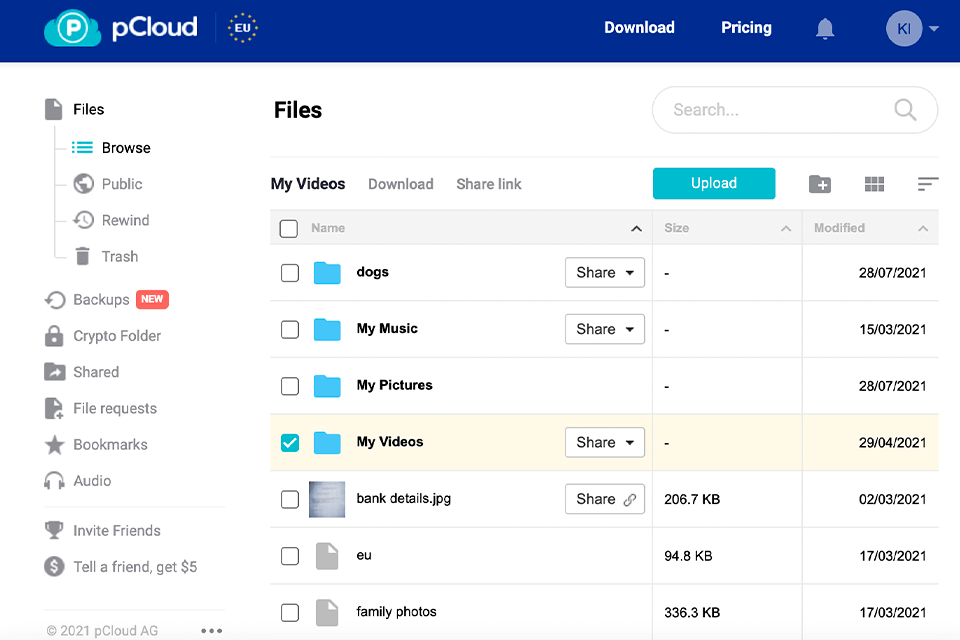 التخزين السحابي pcloud لواجهة الصور