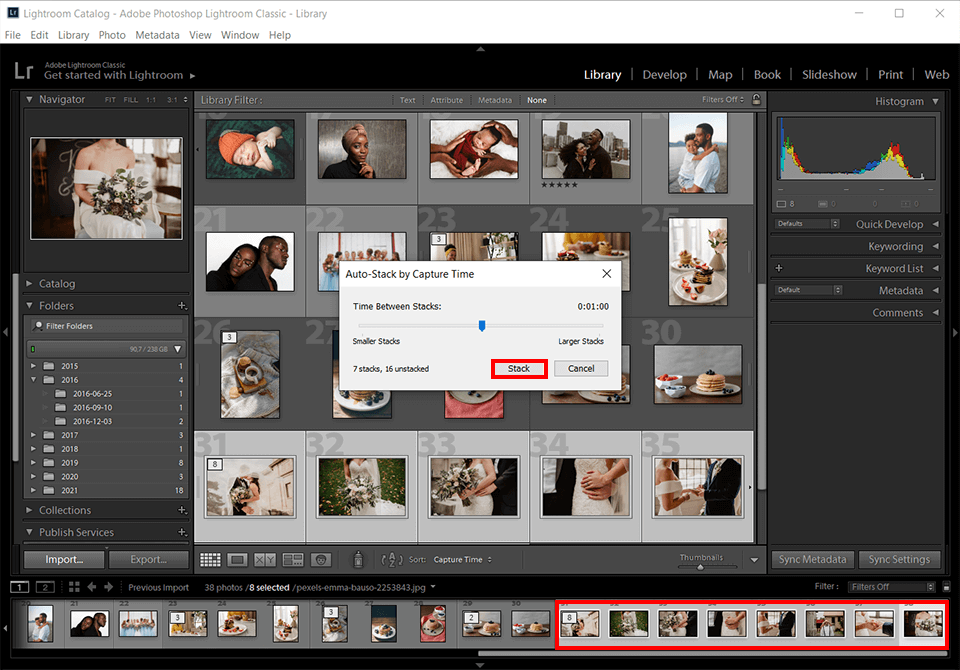 auto photo stacking lightroom by capture time