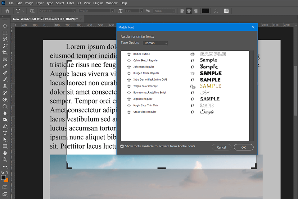 photoshop font finder by image interface