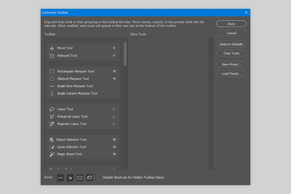 photoshop tool names toolbar customization