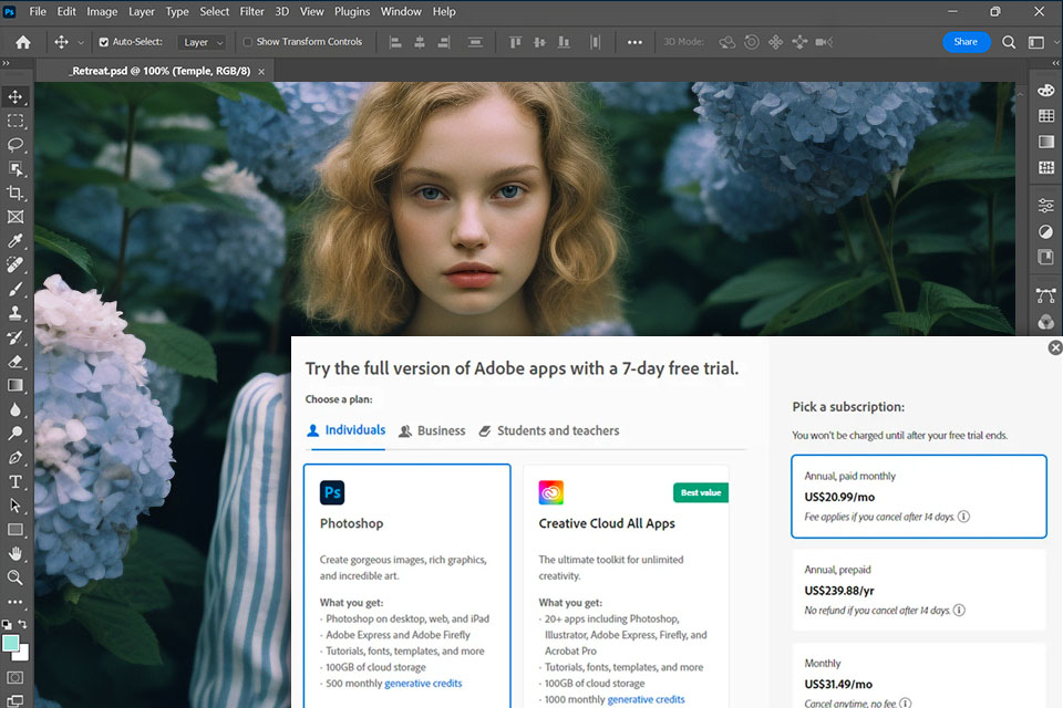photoshop trial interface