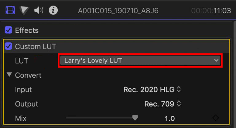 pick the desired clip to apply custom lut effects