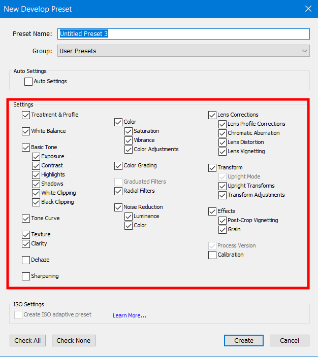 picking desired parameters when creating presets in lightroom