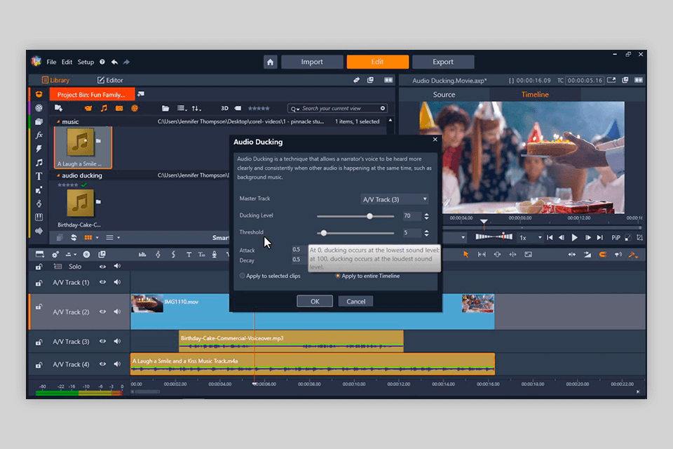 pinnacle studio audio ducking software interface