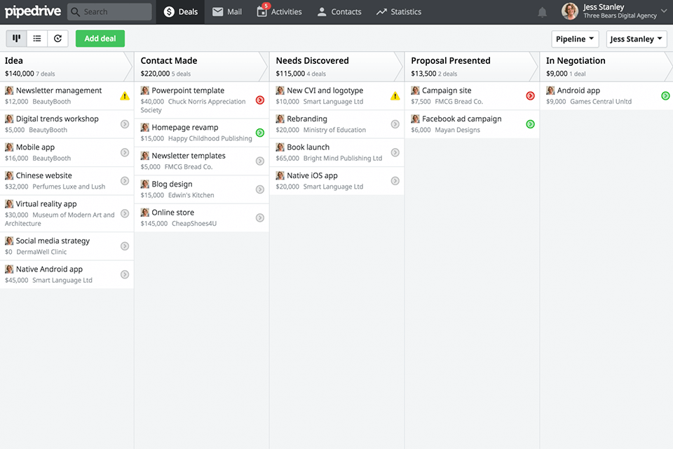 pipedrive contact management software interface