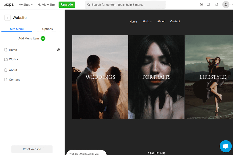 pixpa website hosting for photographers interface