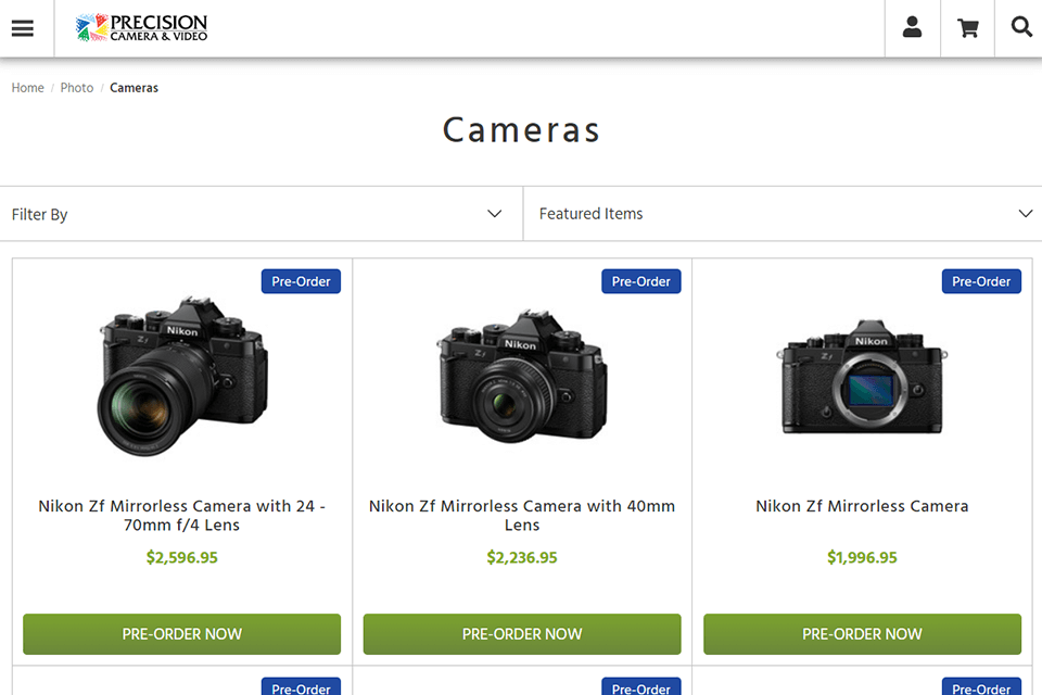 precision camera video online camera store interface