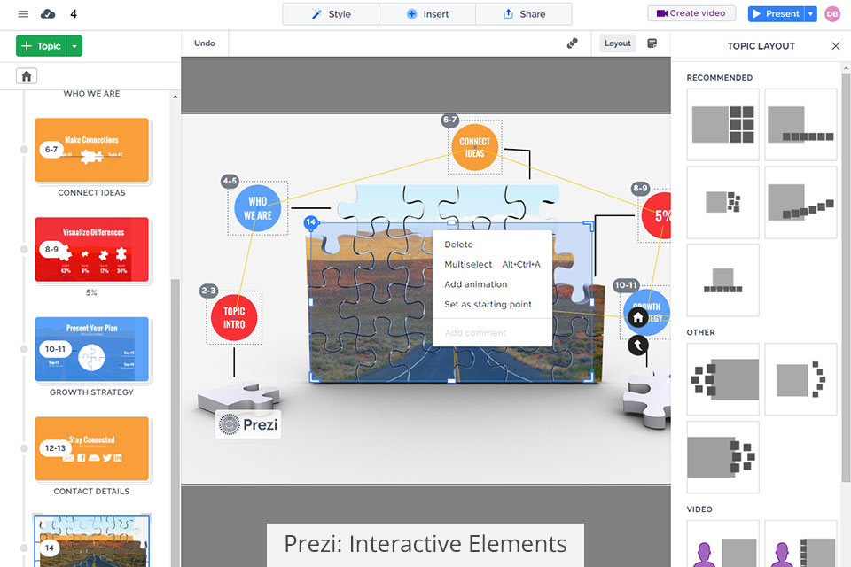 العناصر التفاعلية prezi