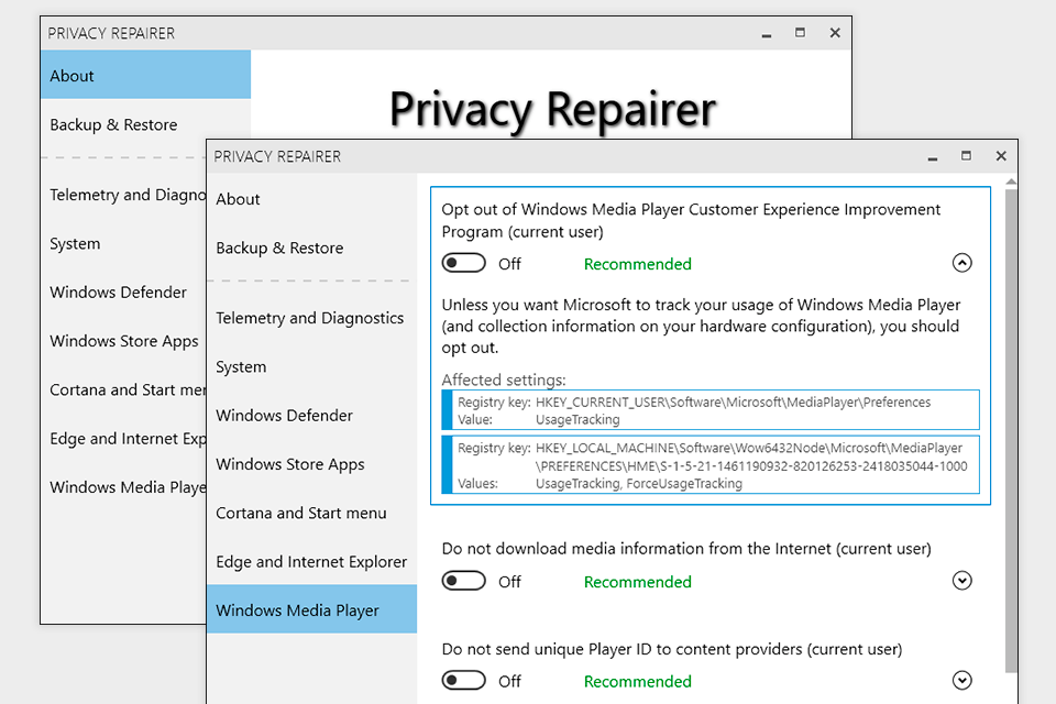 privacy repairer windows 10 privacy tool interface