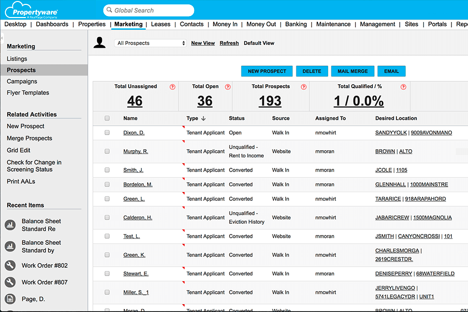 propertyware property management software interface