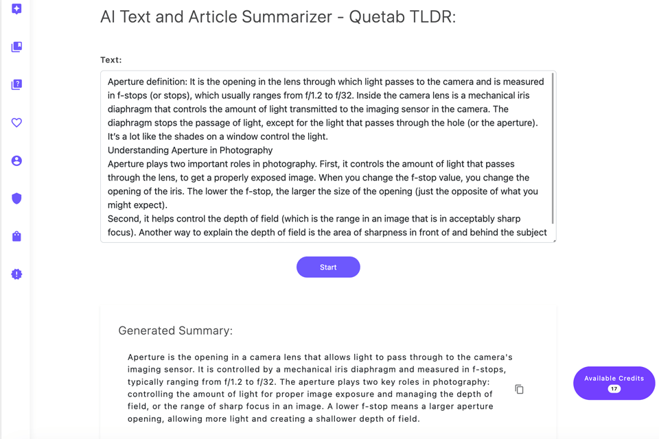 quetab text summarizer