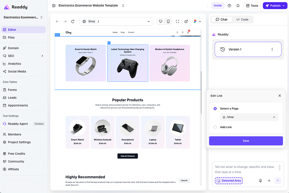 readdy ai ecommerce website builder