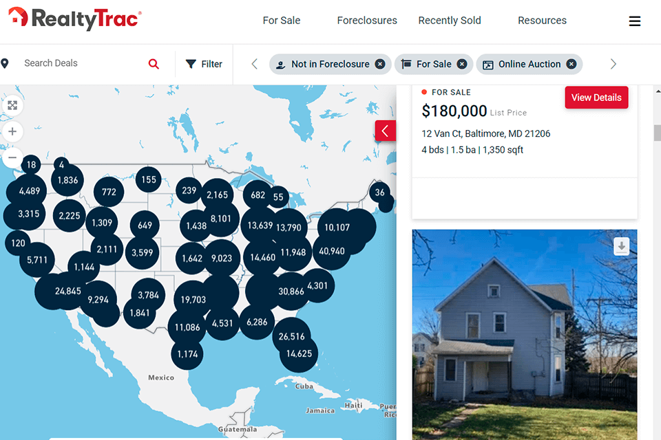 realtytrac real estate website interface