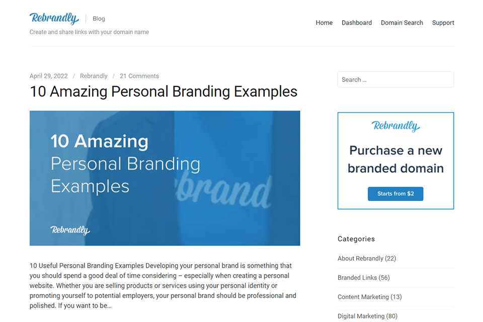 rebrandly digital marketing blog interface
