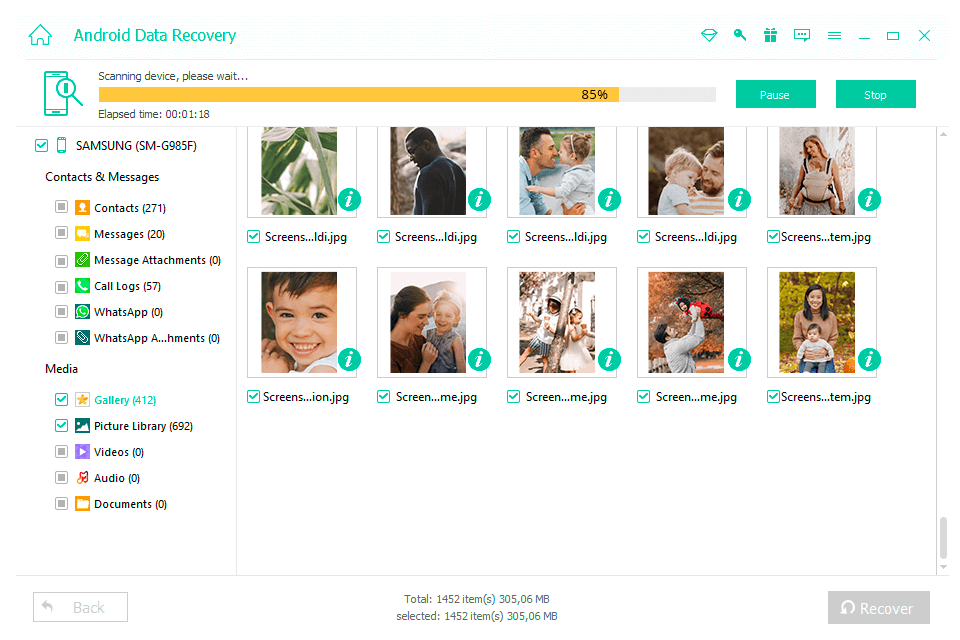 interface de l'application de récupération de données Android