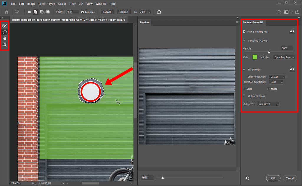 refine the selection to remove objects with the content aware fill