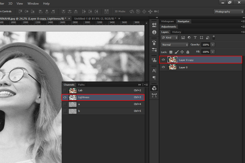 removal noise in photoshop choose the lightness channel