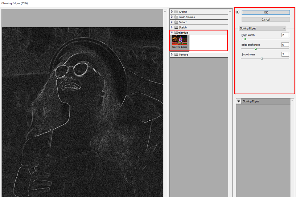 removal noise in photoshop glowing edges effect
