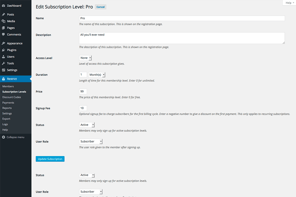 restrict content pro wordpress membership plugin interface