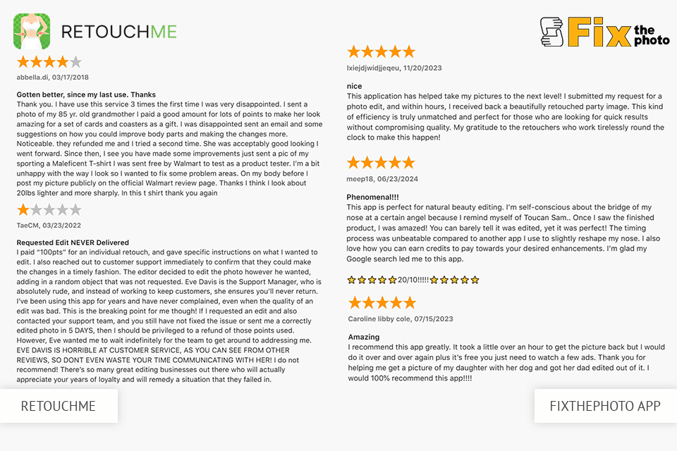 retouchme vs fixthephoto app customers feedback
