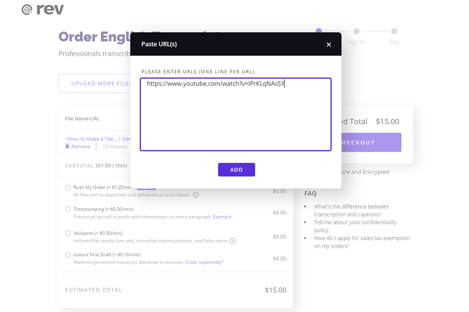 rev youtube to text converter interface