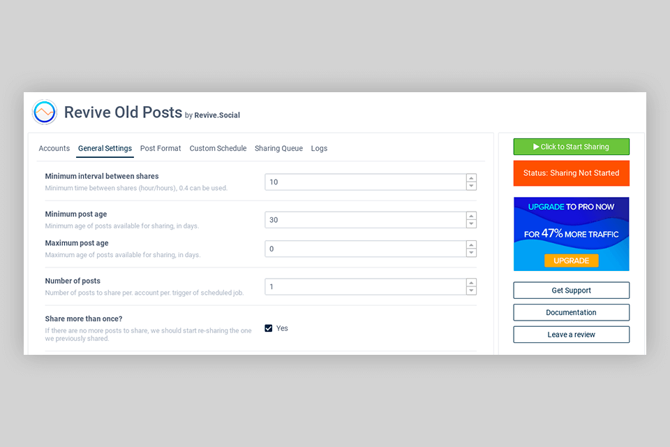 revive social wordpress social media plugin interface