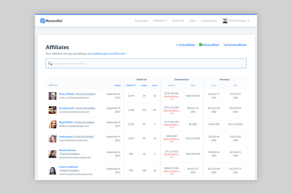 rewardful affiliate marketing software interface