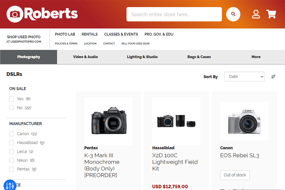 roberts online camera store interface