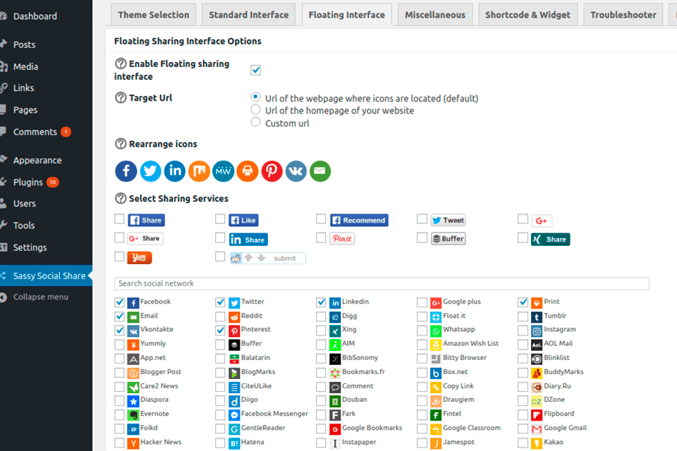 sassy social share wordpress social media plugin interface