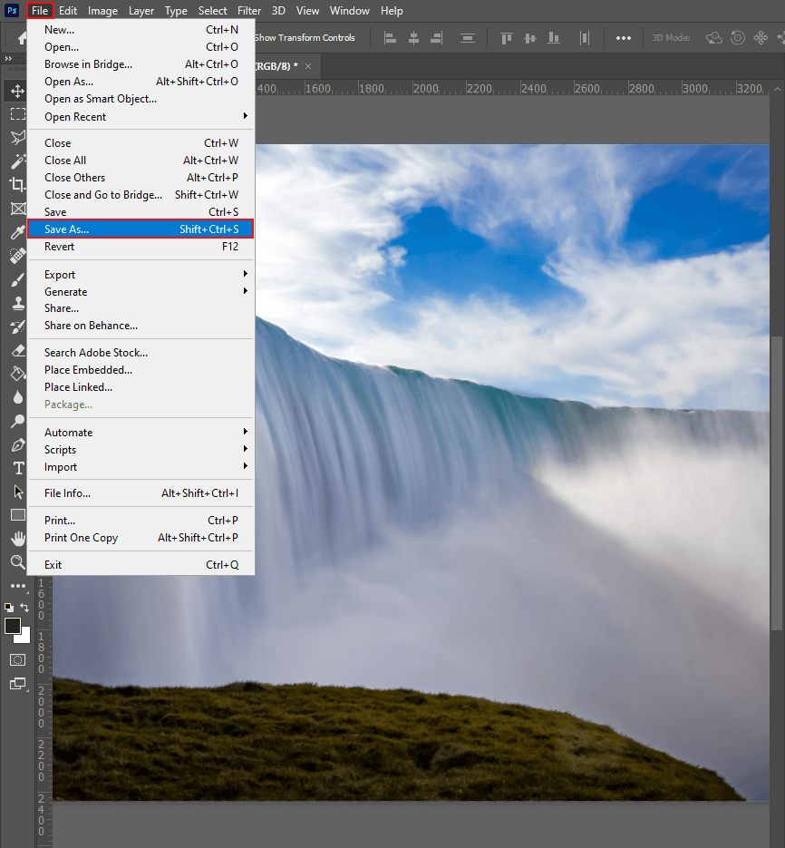 save the photo to make a waterfall in photoshop