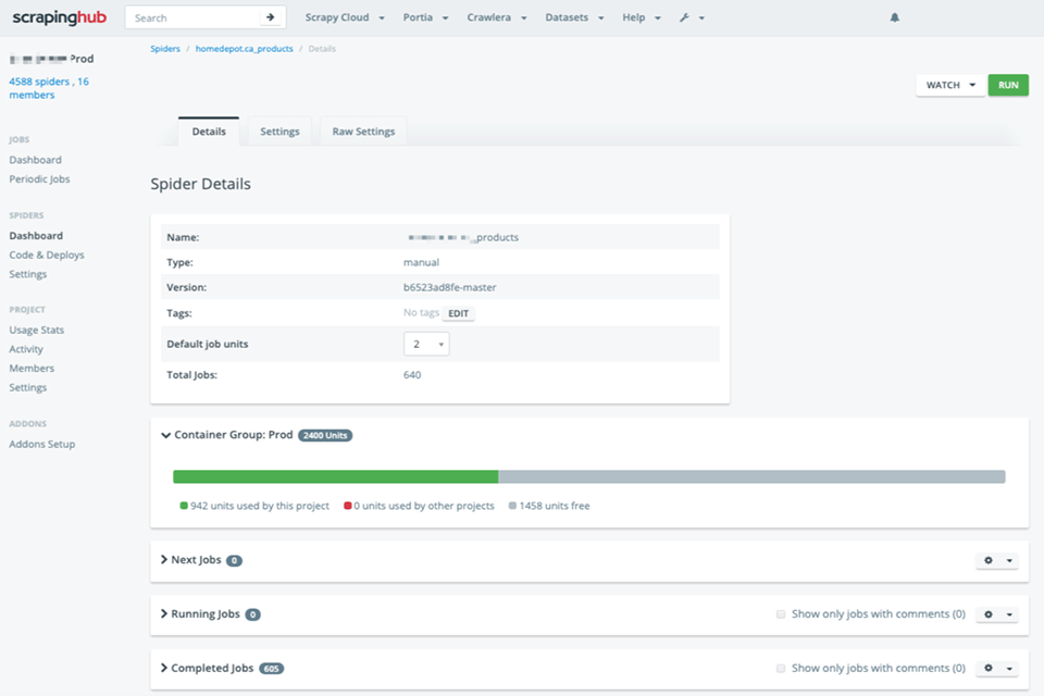 scrapinghub web crawler tool interface