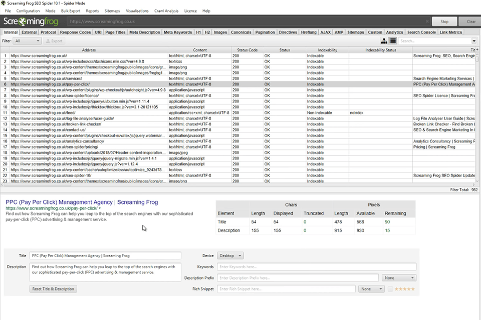 screaming frog research tool for bulk url analysis interface