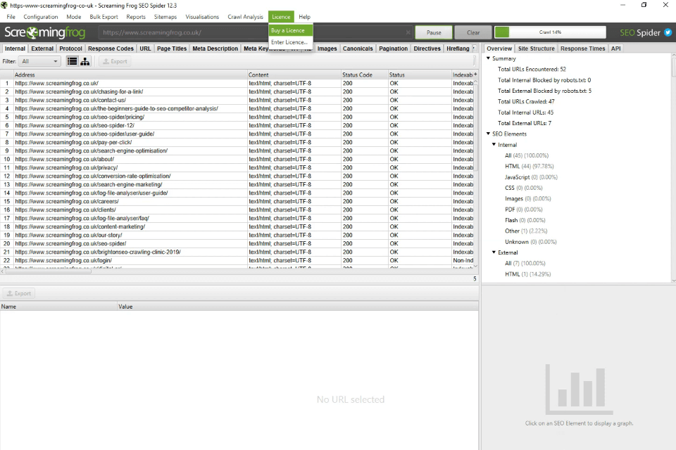 screaming frog website spidering software interface